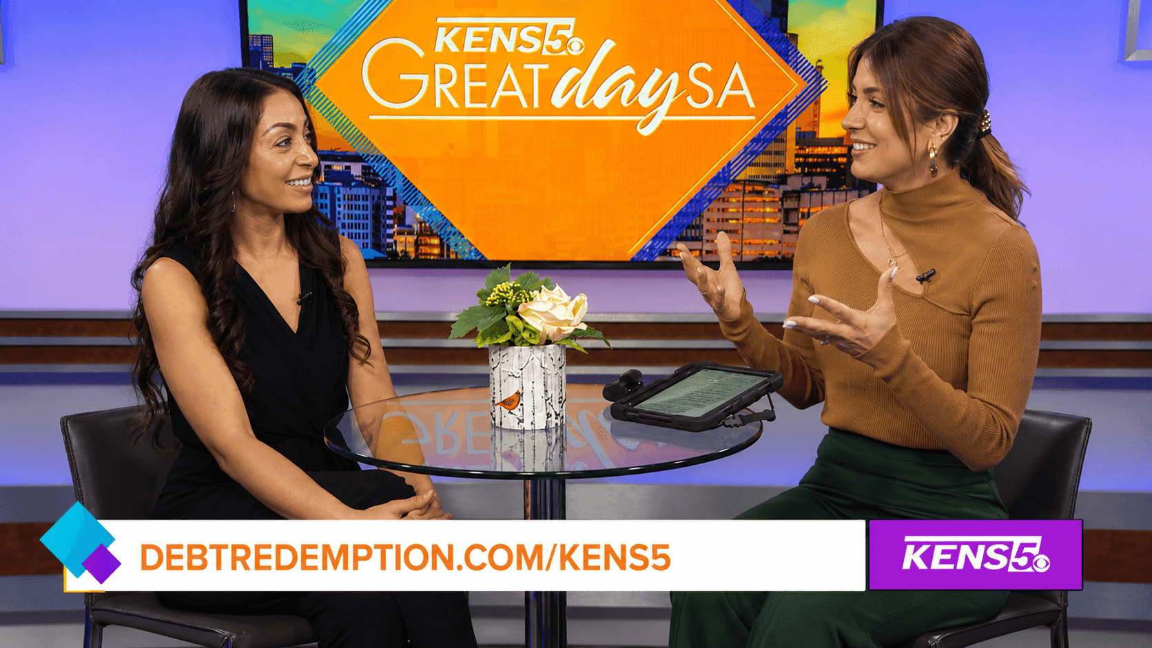 Debt Redemption representative interviewed on KENS5 Great Day SA discussing Texas debt relief, credit card debt settlement, personal loan relief, business debt solutions, and financial recovery options for Texans.
